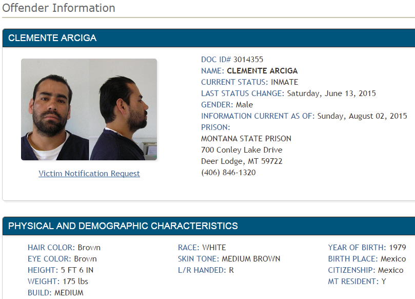 (MTConweb Offender Information for Clemente Arciga)